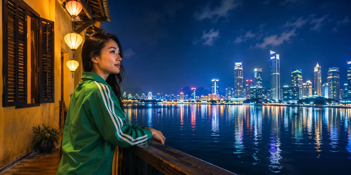 Người mẫu Việt Nam tại Hội An theo dõi kèo cá cược thể thao qua điện thoại trong không gian đẹp