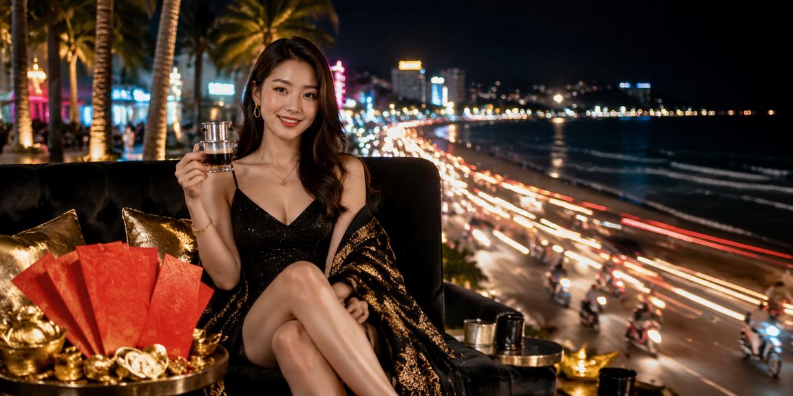 Phong bì đỏ may mắn bên tách cà phê Việt Nam tại Mũi Né trong buổi sáng yên bình